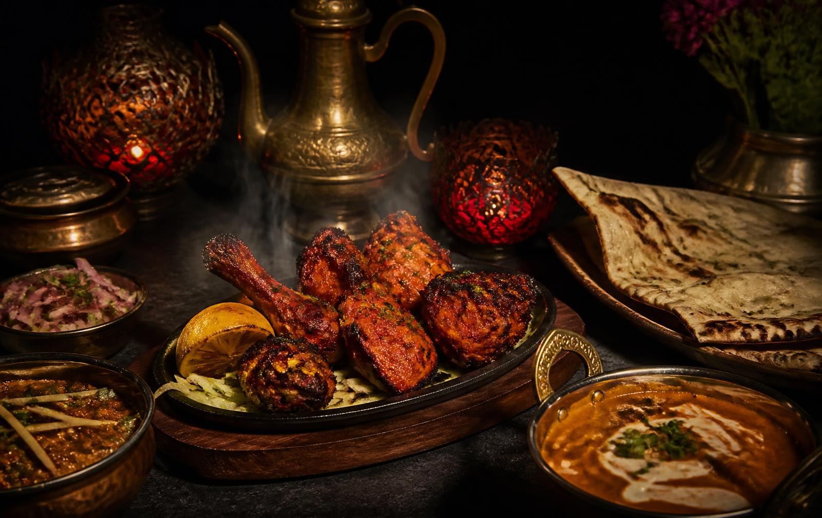 Tandoori grill platter with naan and curries